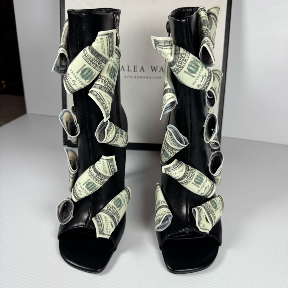 Azalea Wang Dinero Black Money Heels Multi Sizes Dollar Bill Statement Boot NWT - Picture 5 of 8